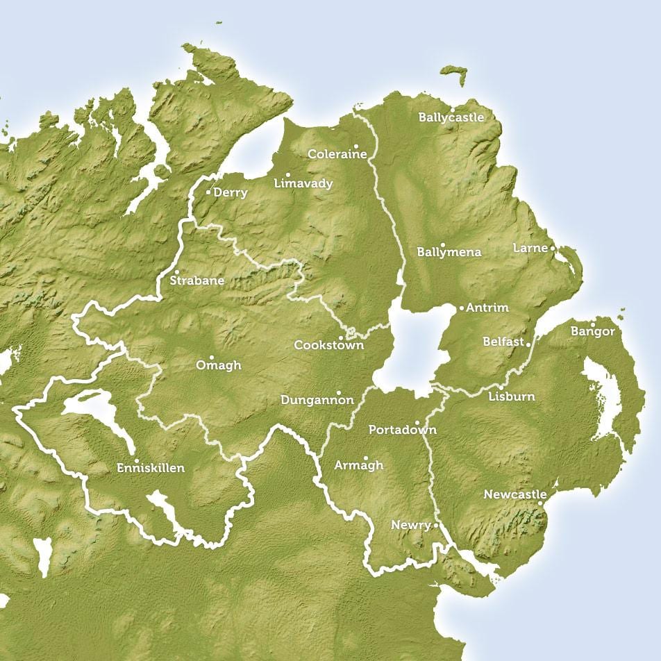 карта рэгіянальная карта Паўночнай Ірландыі