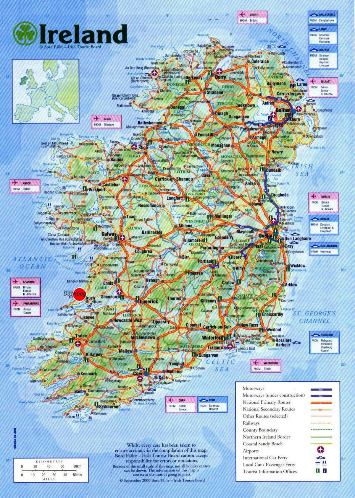 карта Ірландыі паказваючы славутасці