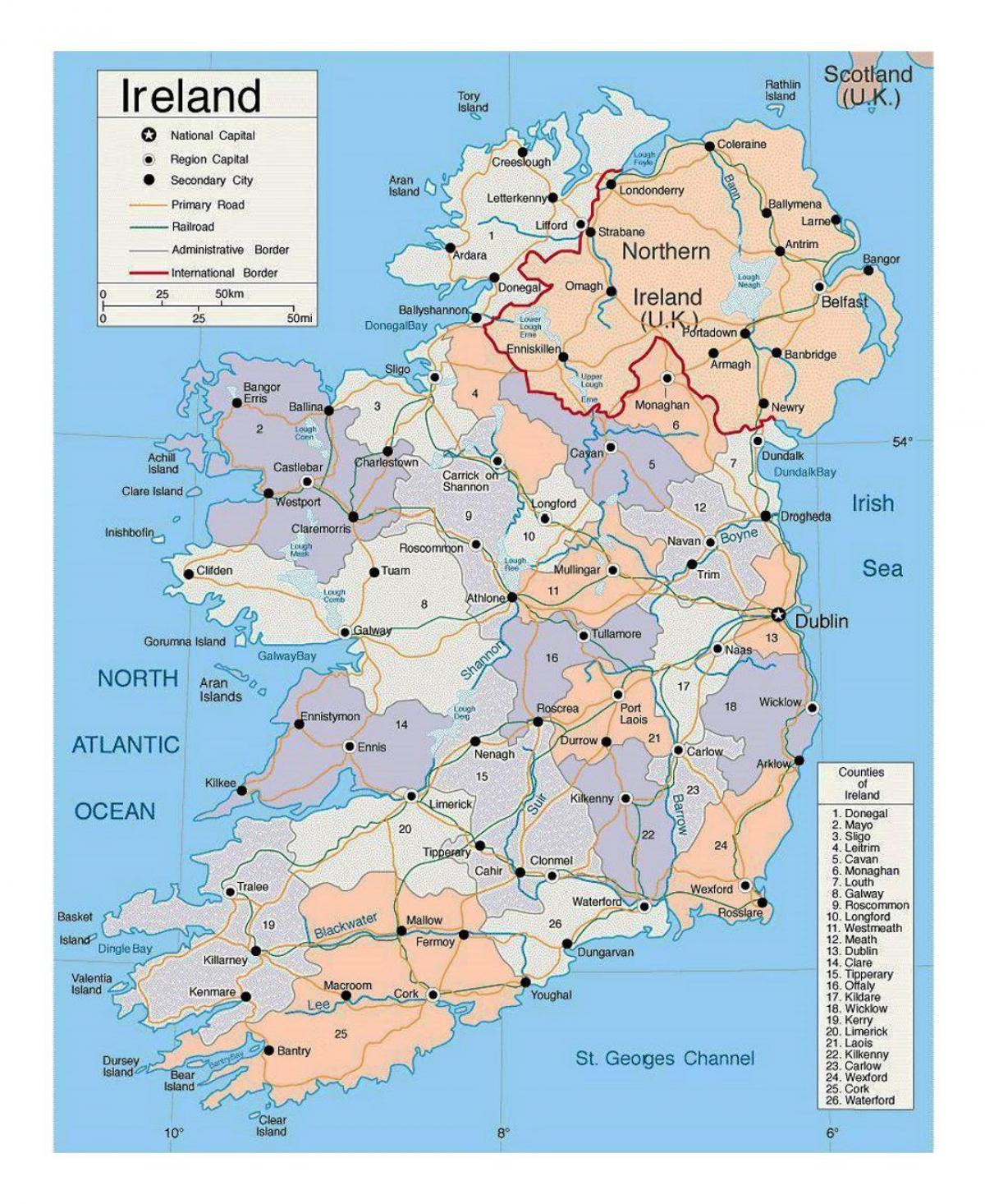 карта Ірландыі з гарадамі