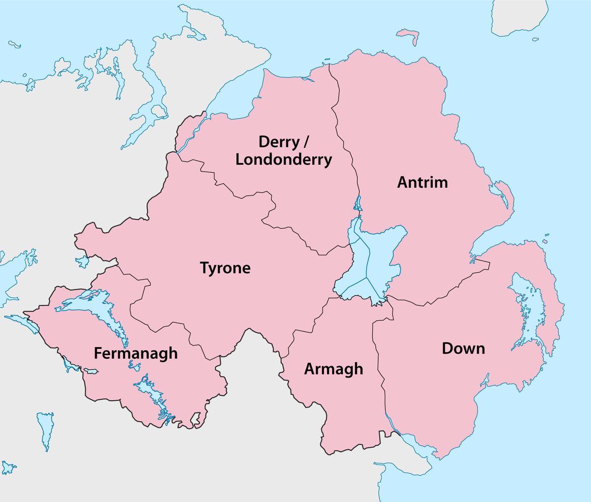 карта Паўночнай Ірландыі паветаў і гарадоў