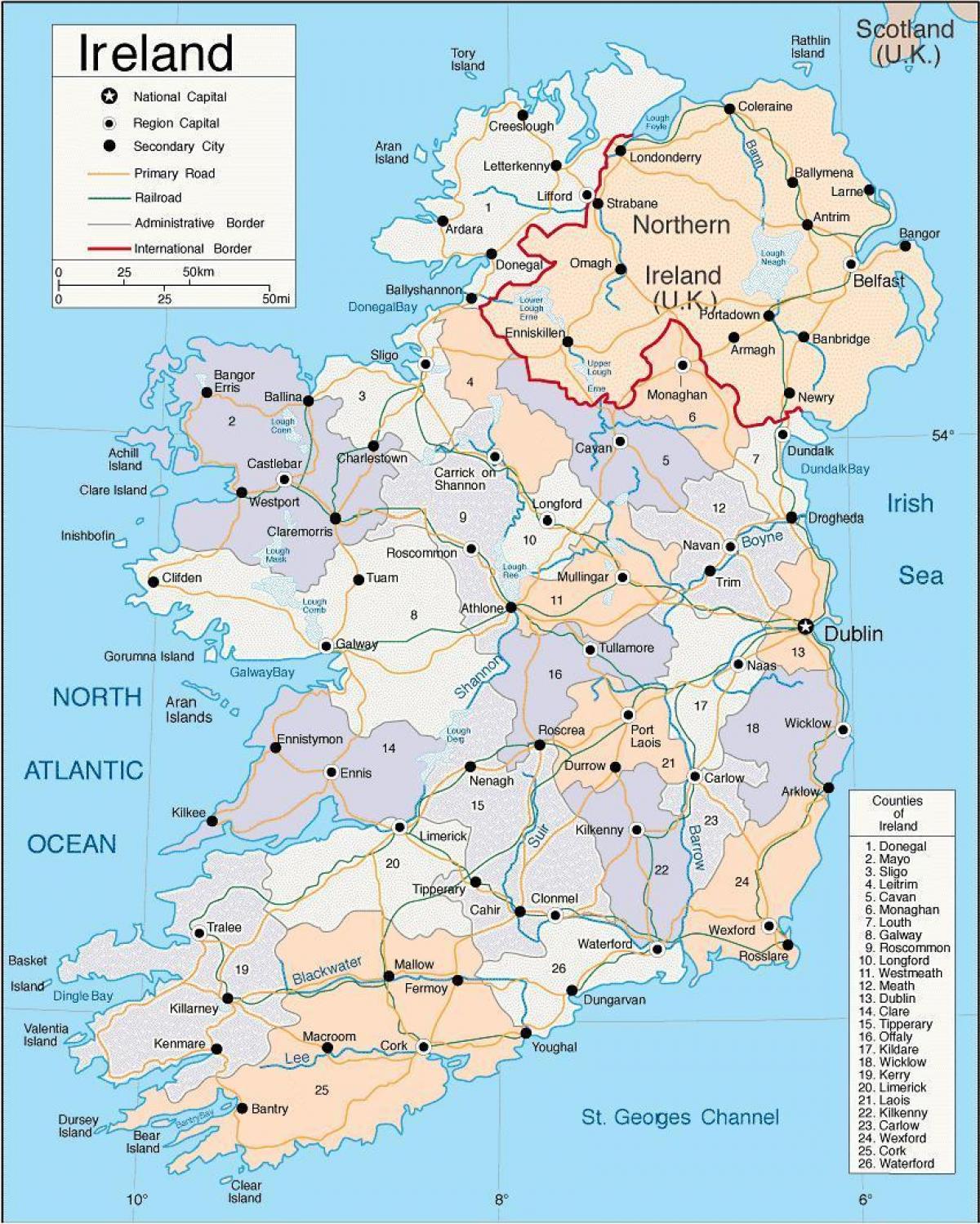 карта Ірландыі паказваючы гарадоў