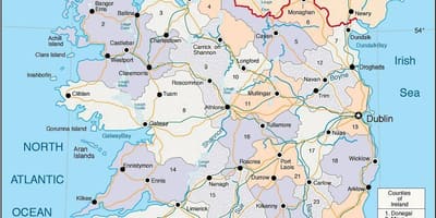 Акругі карта Ірландыі з гарадамі
