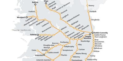 Падарожжа на цягніку ў Ірландыі карце