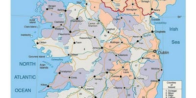 Карта Ірландыі з гарадамі