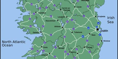 Карта кіруючы карце Ірландыі адлегласць
