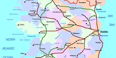 Карта чыгуначных маршрутаў у Ірландыі
