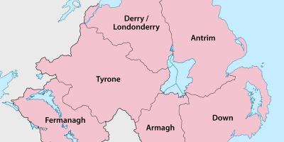 Карта Паўночнай Ірландыі паветаў і гарадоў